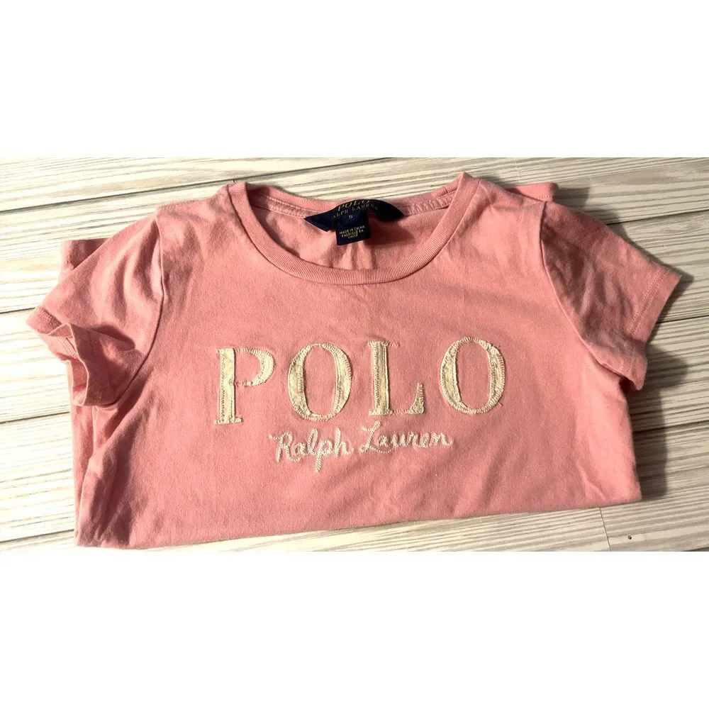 Polo Ralph Lauren Girls Short Sleeve Hint Of Pink Polo Logo Cotton T-Shirt Sz 5